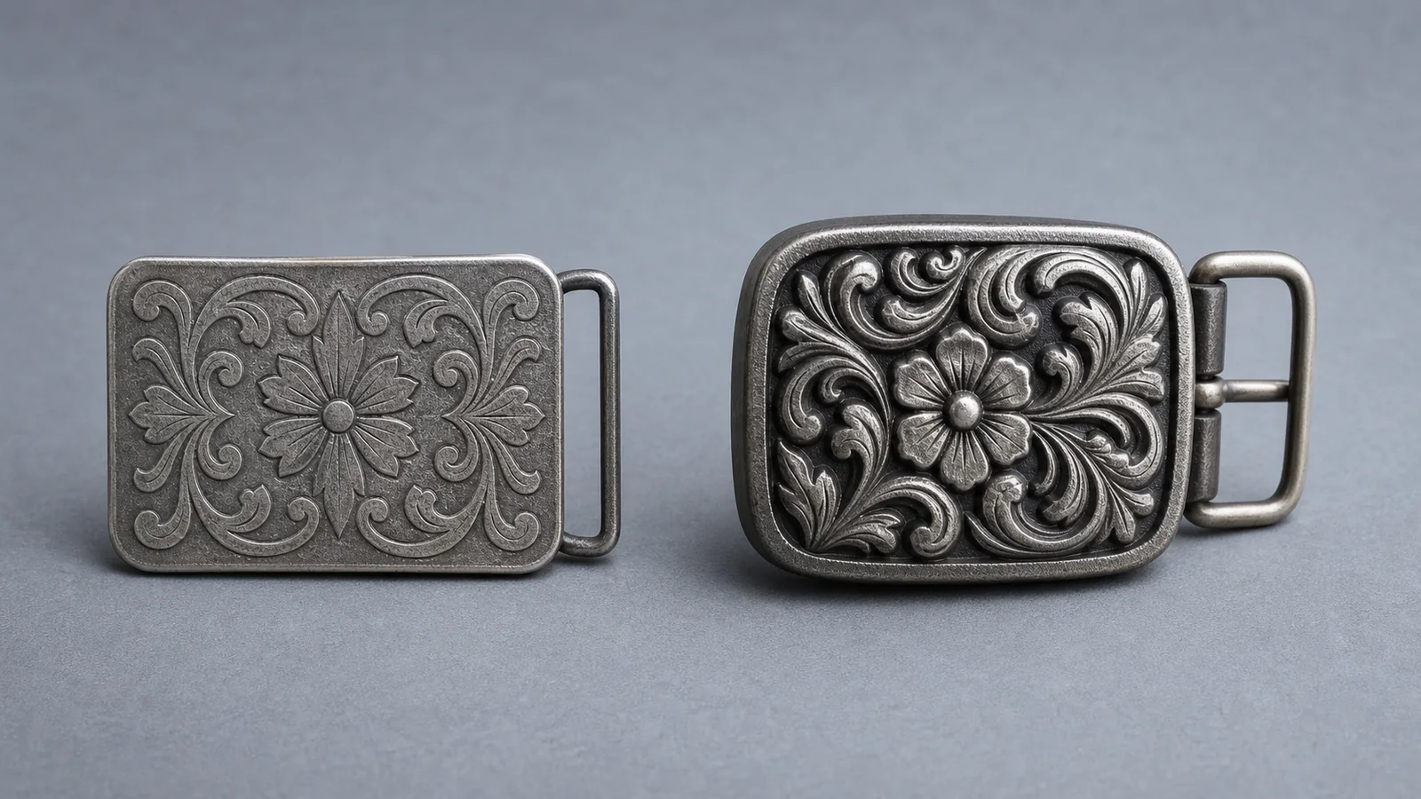 Comparison of flat 2D relief and sculpted 3D belt buckle depth