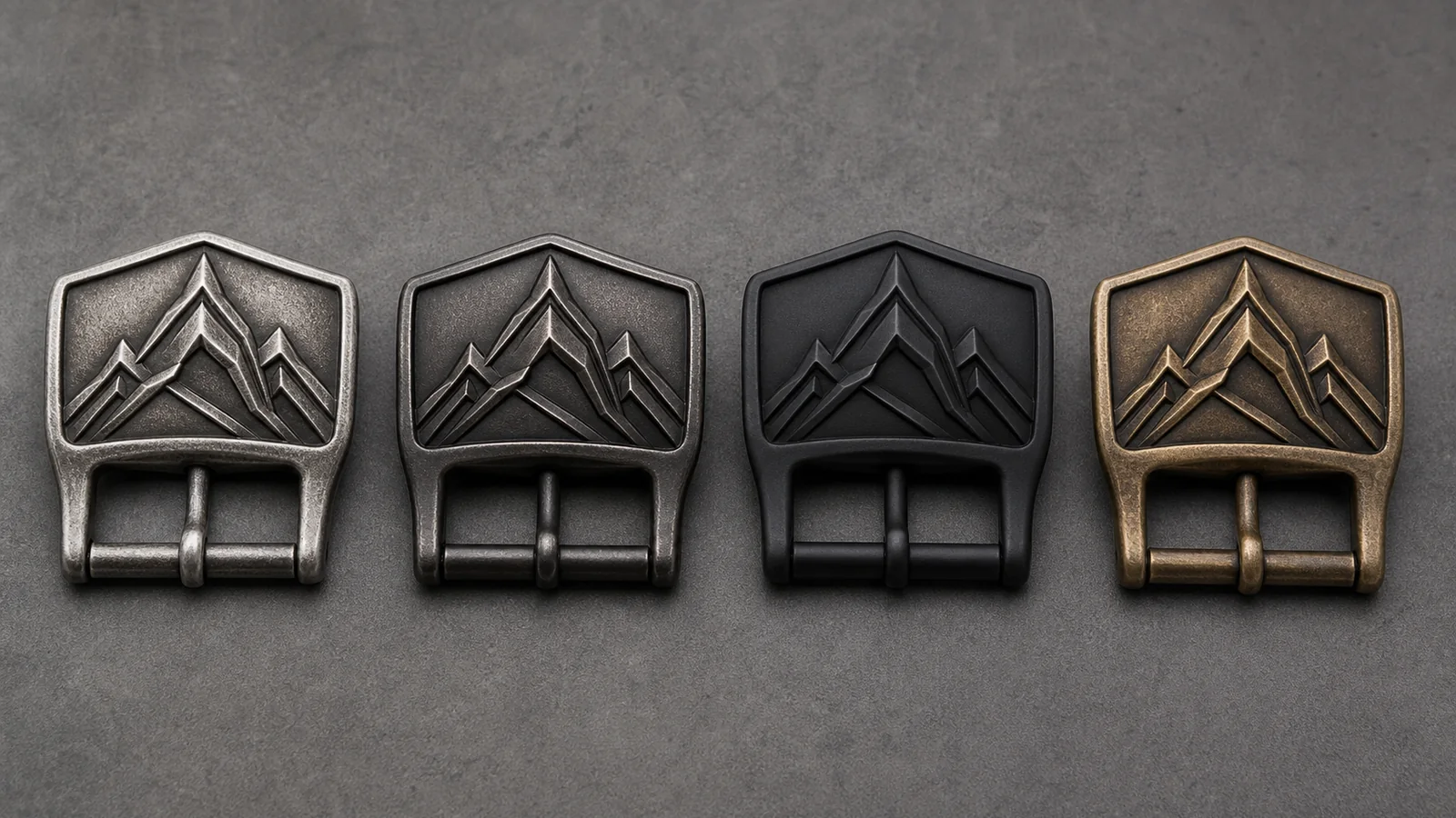 Finish options shown on one consistent sculpted 3D belt buckle