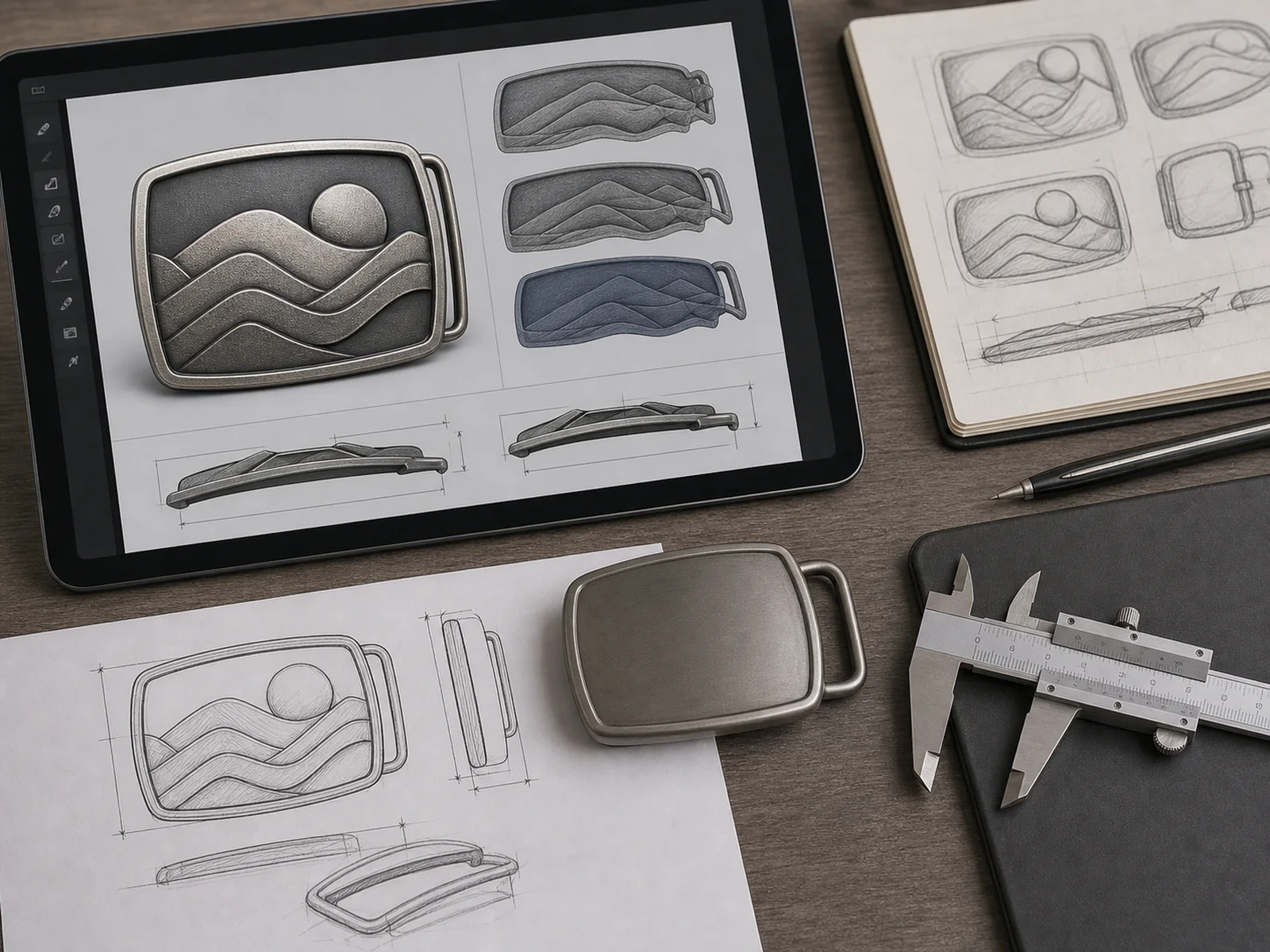 Custom 3D buckle artwork reviewed with depth layers and side profiles