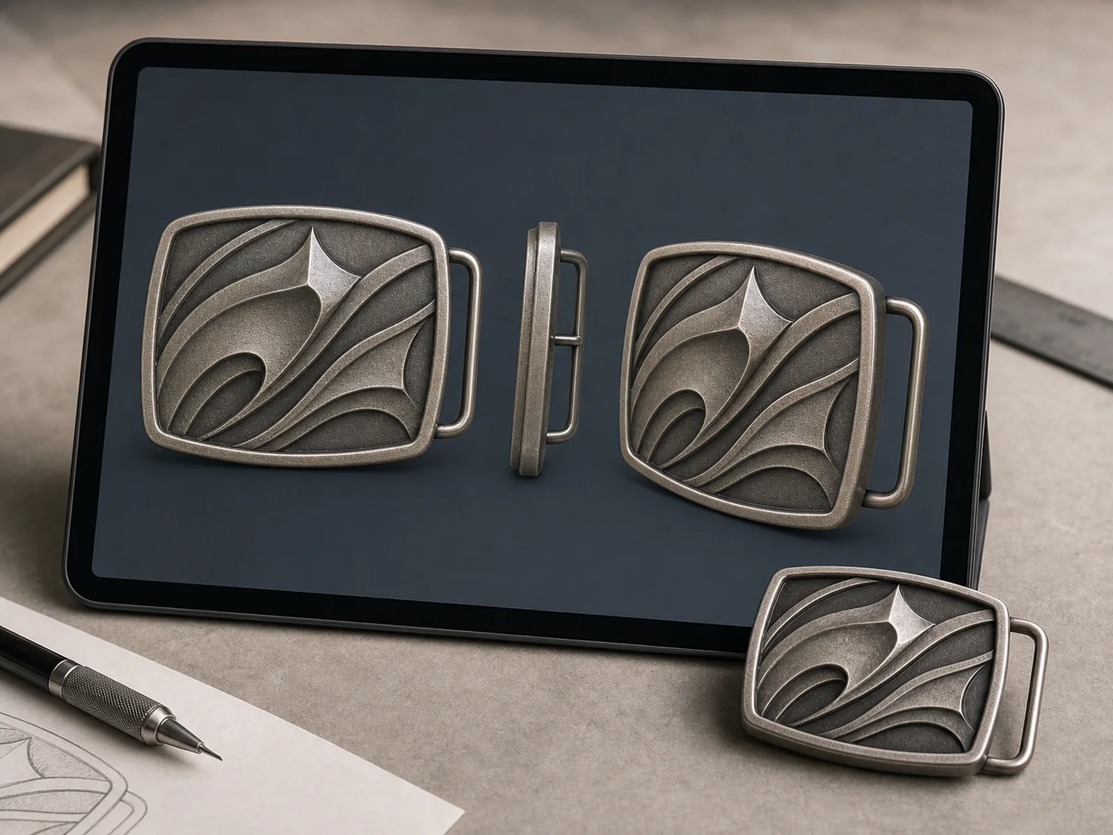 Front, side and angled digital proof for a sculpted belt buckle