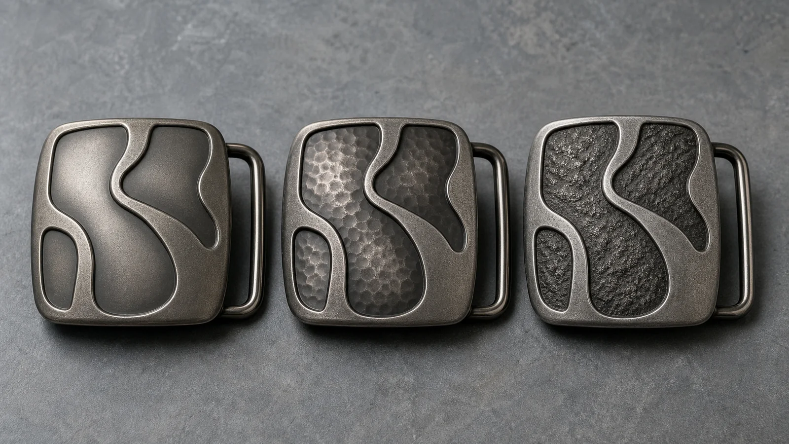Smooth, hammered and organic surface textures for 3D belt buckles