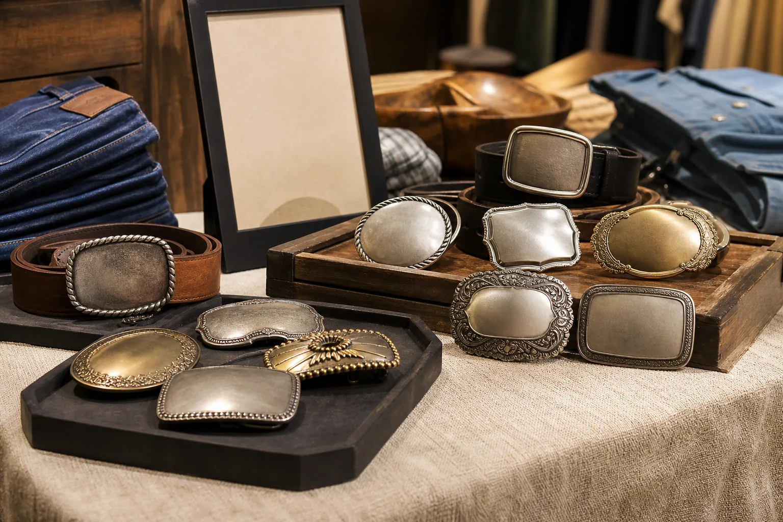 Illustrative event merchandise table with custom metal belt buckles, leather belts, denim, and display trays