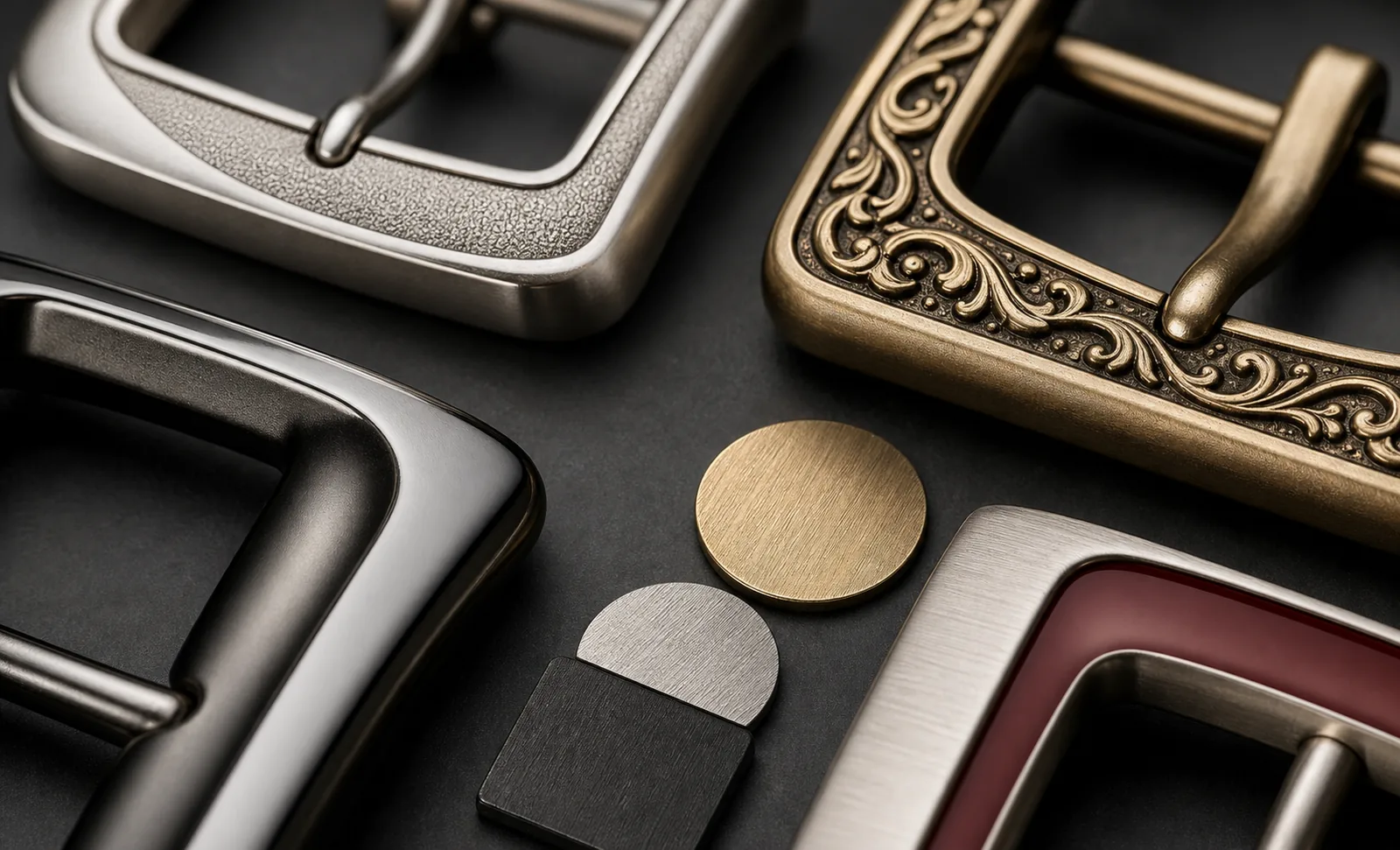 Close-up of custom metal belt buckle finishes with brushed metal, antique relief, black nickel, and enamel details