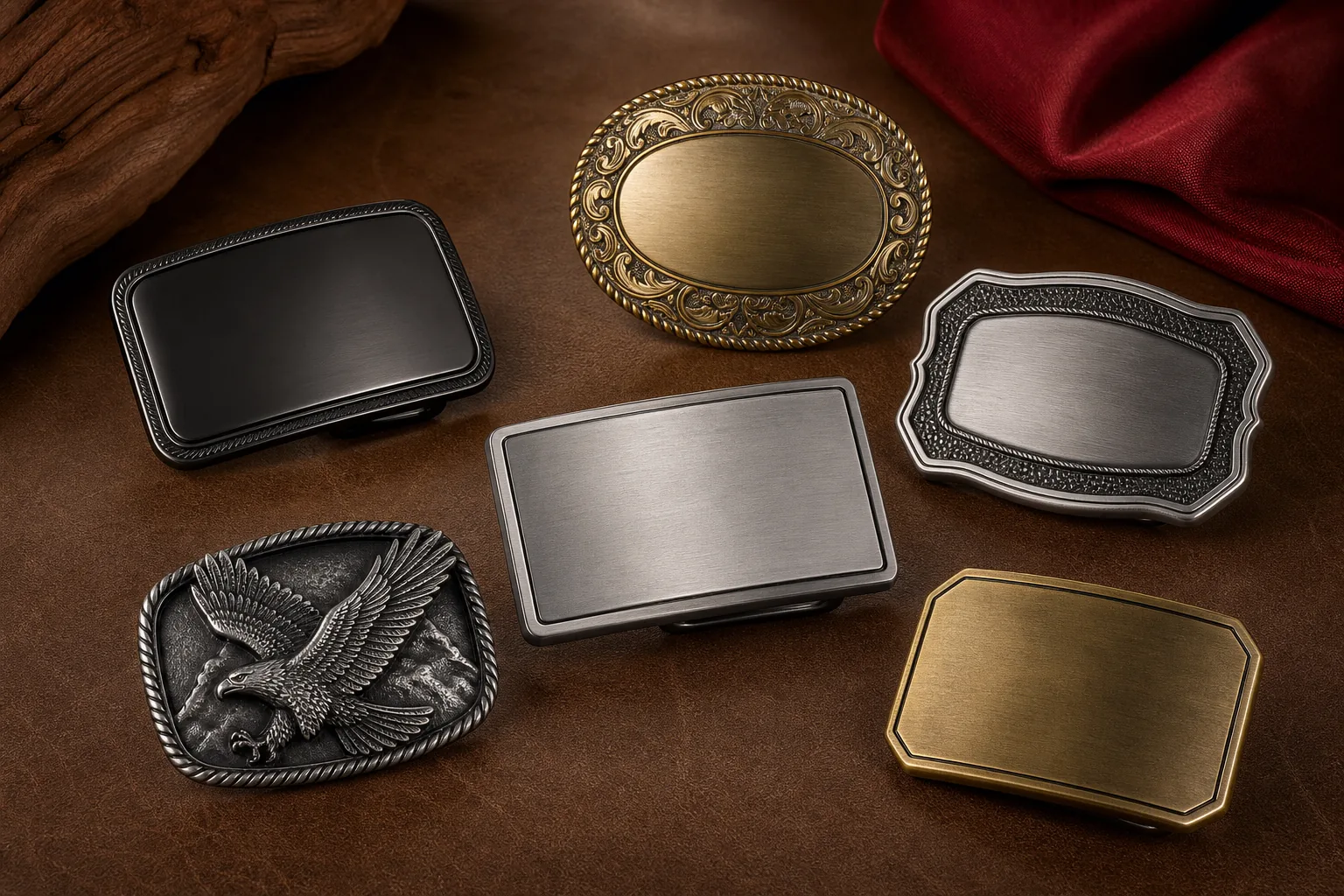 Assorted custom metal belt buckles in antique brass, silver, black nickel, and sculpted finishes on a leather surface