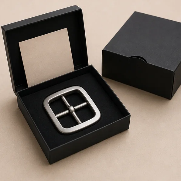 Custom metal belt buckle in a rigid black gift box with blank insert card