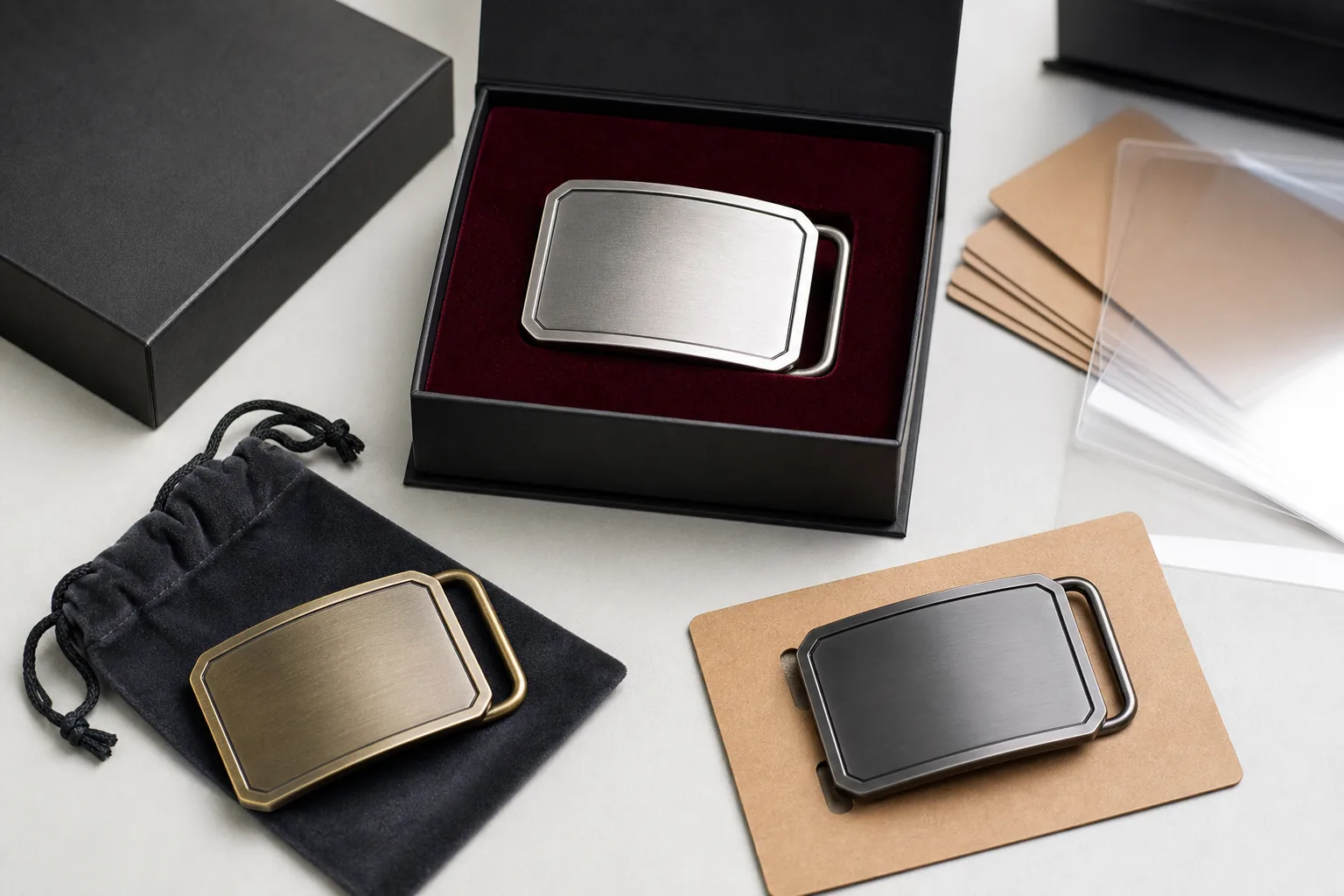 Custom metal belt buckles displayed with gift box, velvet pouch, insert card, and protective sleeves