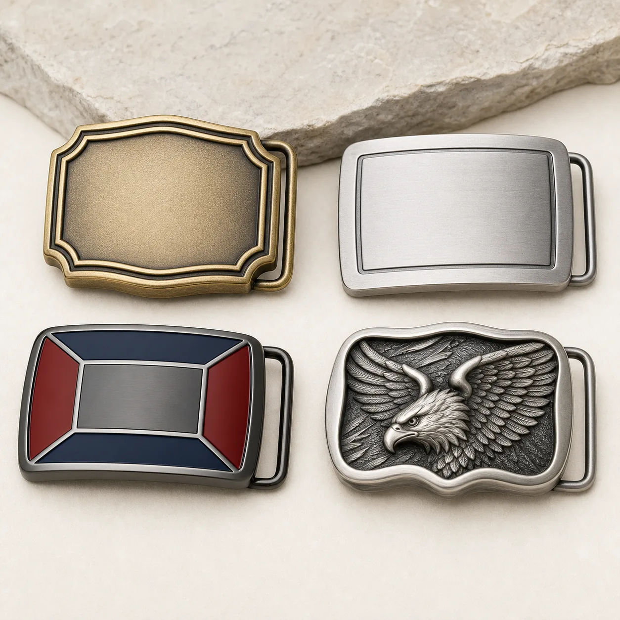 Four custom metal belt buckle construction styles including antique, brushed, enamel, and sculpted relief options