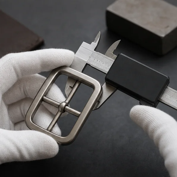 Conceptual inspection of a metal belt buckle with gloves and digital caliper