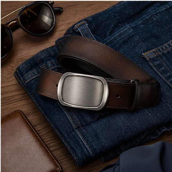 Modern metal buckle with a leather belt and folded denim in a retail flat lay