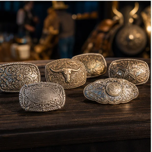 Illustrative western event table displaying several ornate custom belt buckles