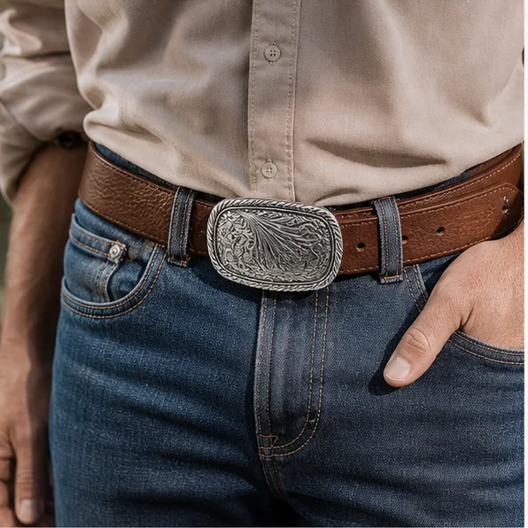 Close view of a silver custom metal buckle worn on a brown leather belt