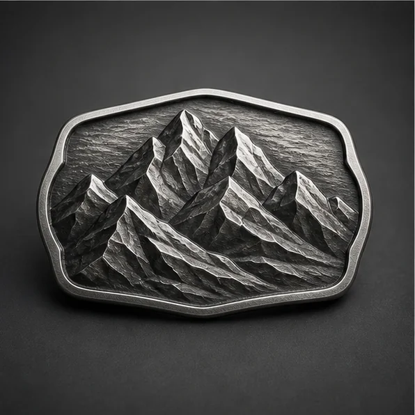 Dark silver custom metal belt buckle with sculpted mountain relief