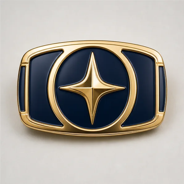 Polished gold custom metal belt buckle with navy enamel accents