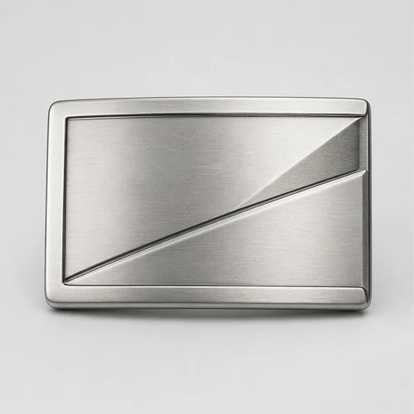 Minimalist brushed silver custom metal belt buckle with geometric relief
