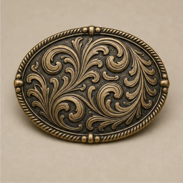 Ornate oval custom metal belt buckle in antique brass with scrollwork