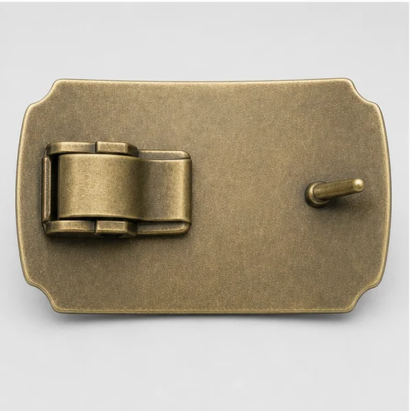 Antique brass buckle reverse with low-profile clamp attachment
