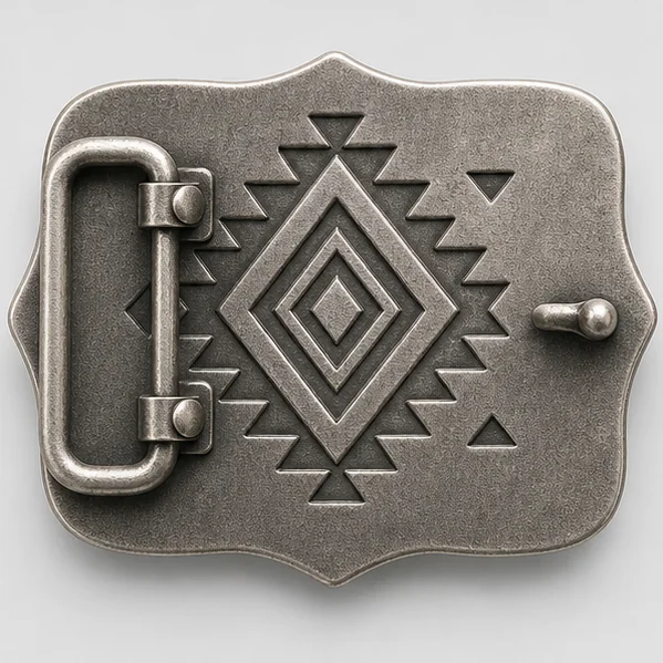 Antique silver belt buckle reverse with recessed geometric engraving