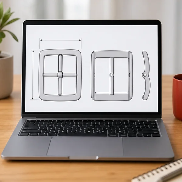 Conceptual front back and side belt buckle proof shown on a laptop