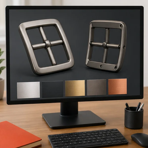 Conceptual 3D belt buckle model shown with metal finish swatches