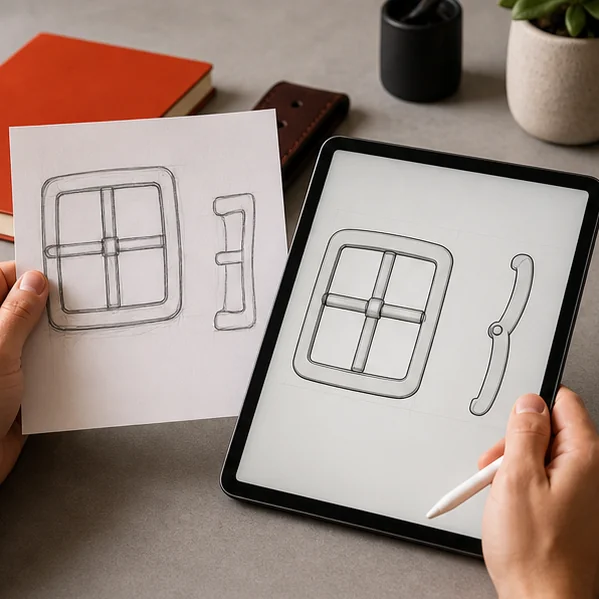 Conceptual custom belt buckle sketch and digital artwork review on a tablet