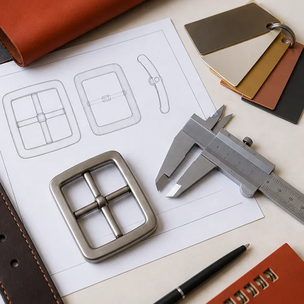 Conceptual buckle specification review with caliper plating chips and leather sample