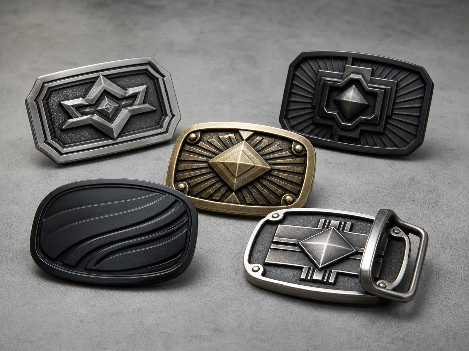 Custom 3D belt buckles with sculpted relief and layered metal details