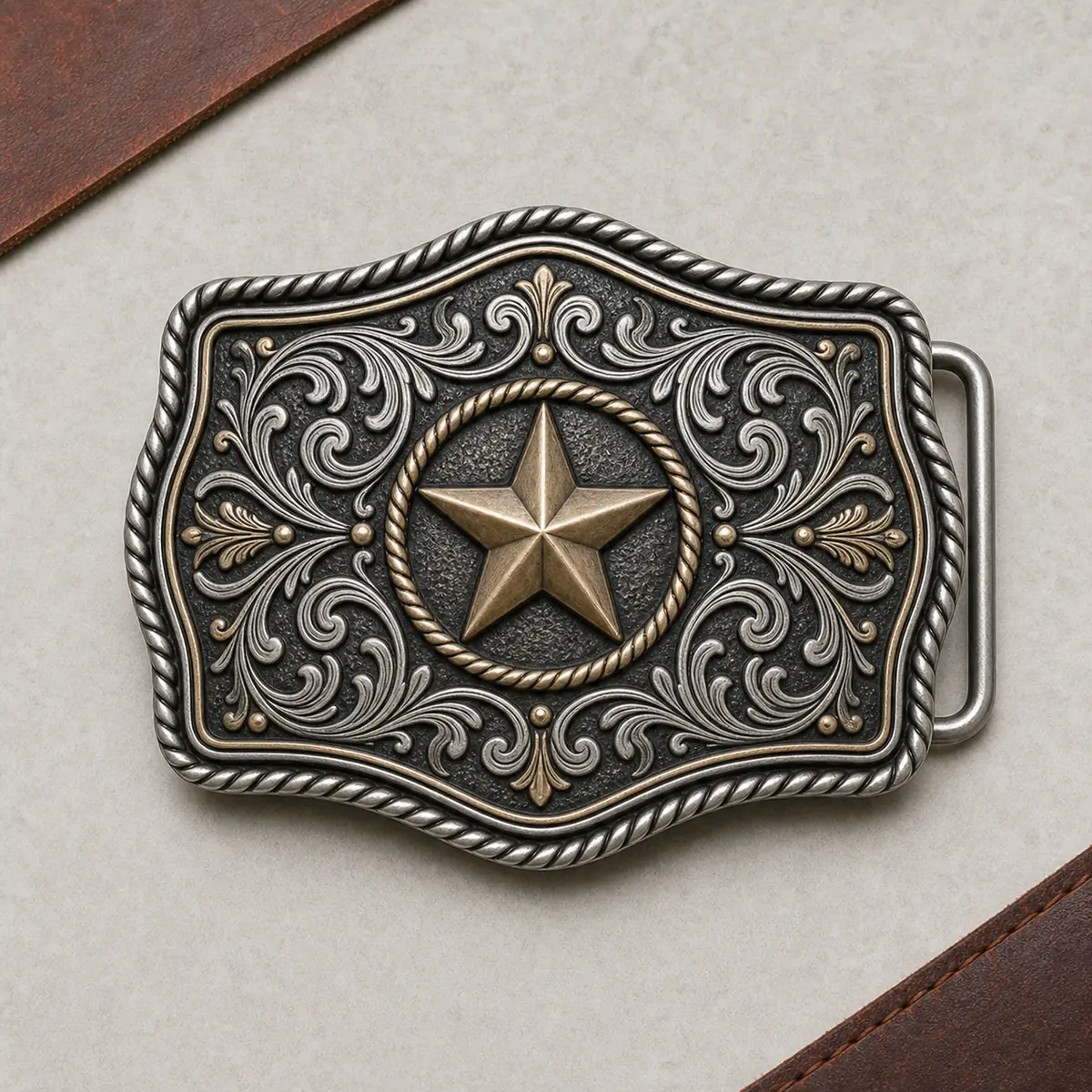 Custom cowboy belt buckle with detailed border and dimensional metalwork