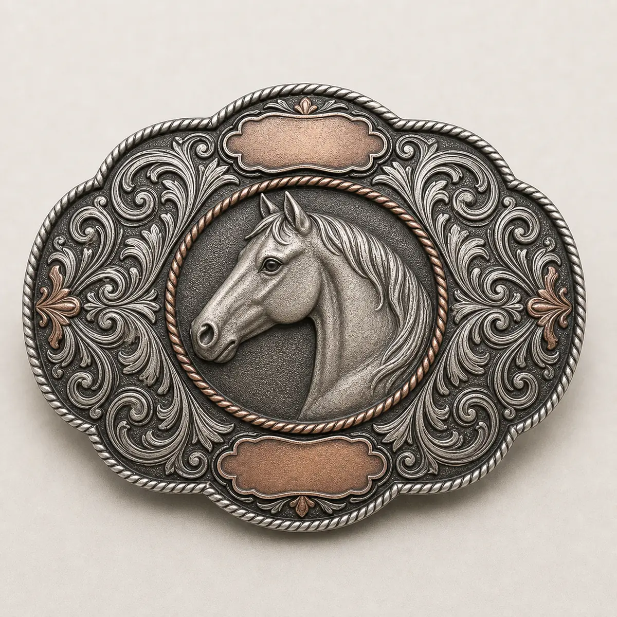 Custom equestrian award buckle with horse-inspired western detailing