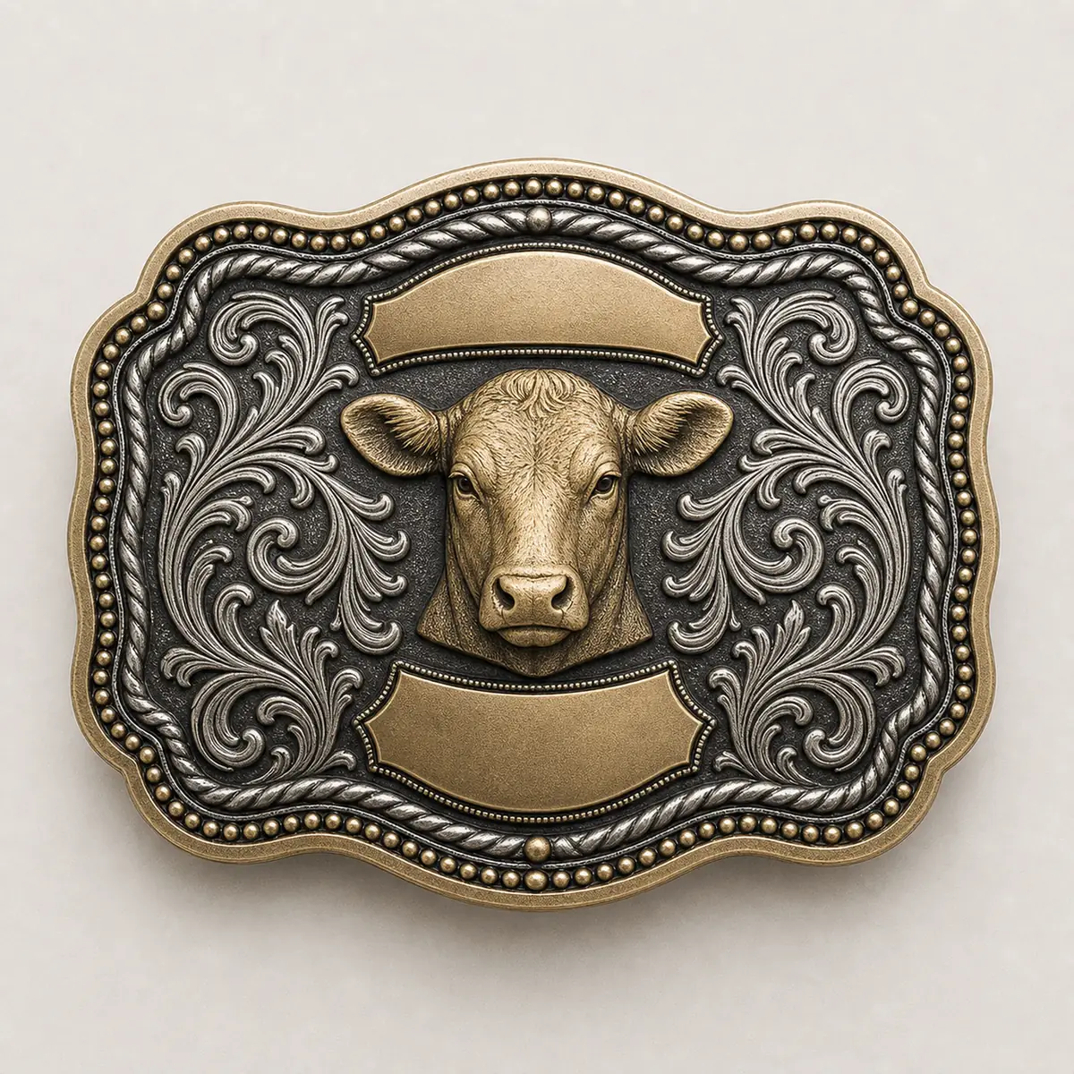 Custom livestock show award buckle with layered relief and engraved border