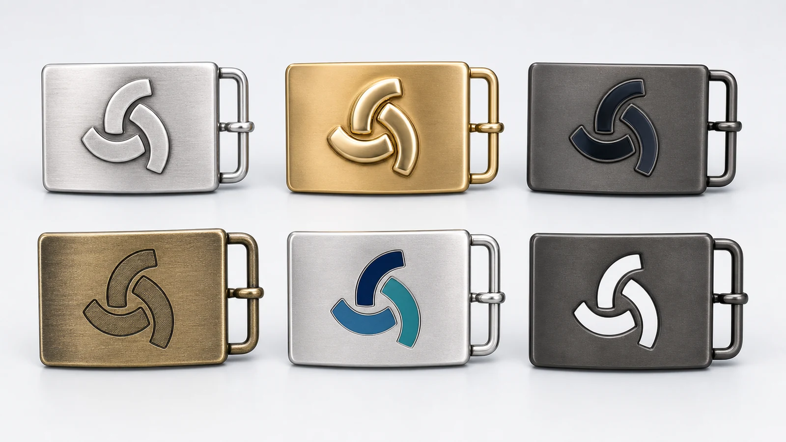 Raised, engraved, enamel, printed and cutout logo buckle options