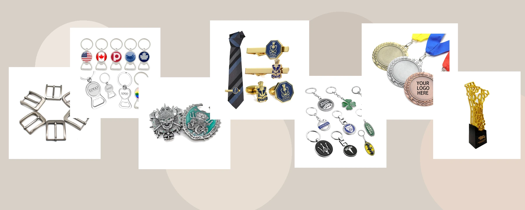 Custom metal products including buckles, coins, keychains, medals and trophies