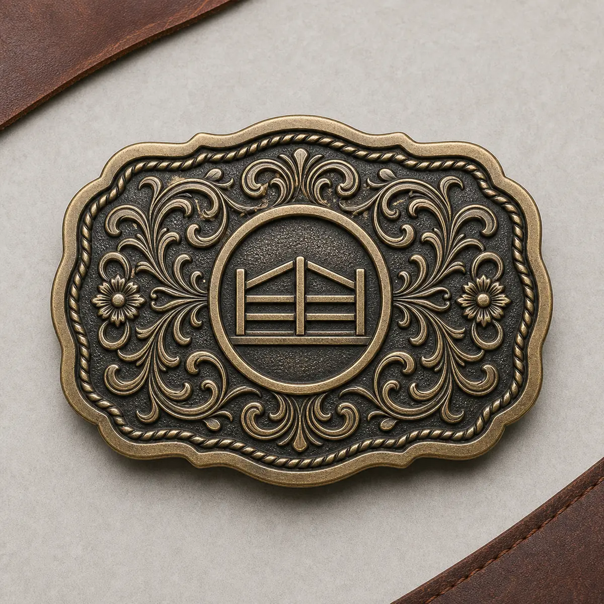 Custom ranch belt buckle with western engraving and a central branding area
