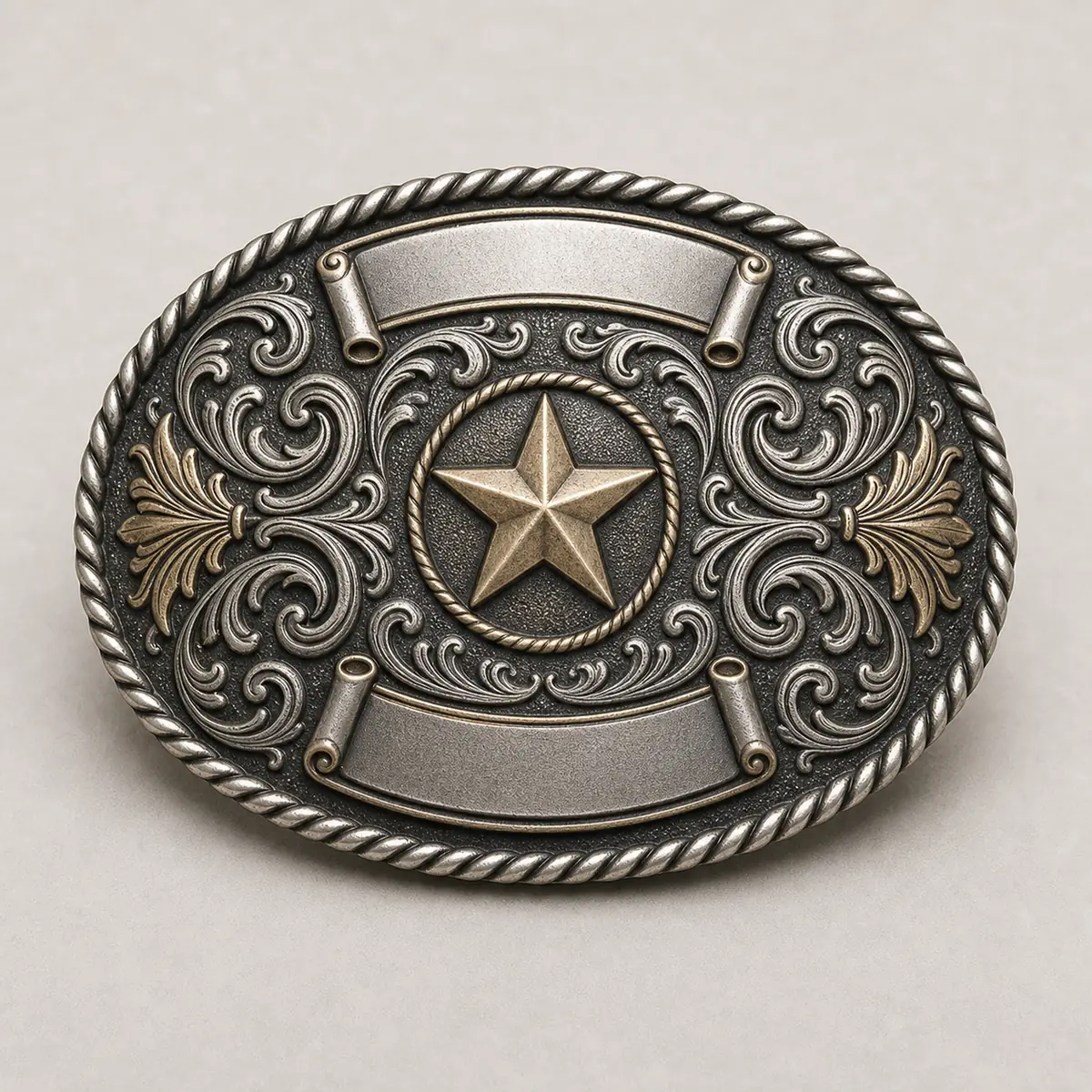 Custom rodeo trophy buckle with raised western relief and an antique finish