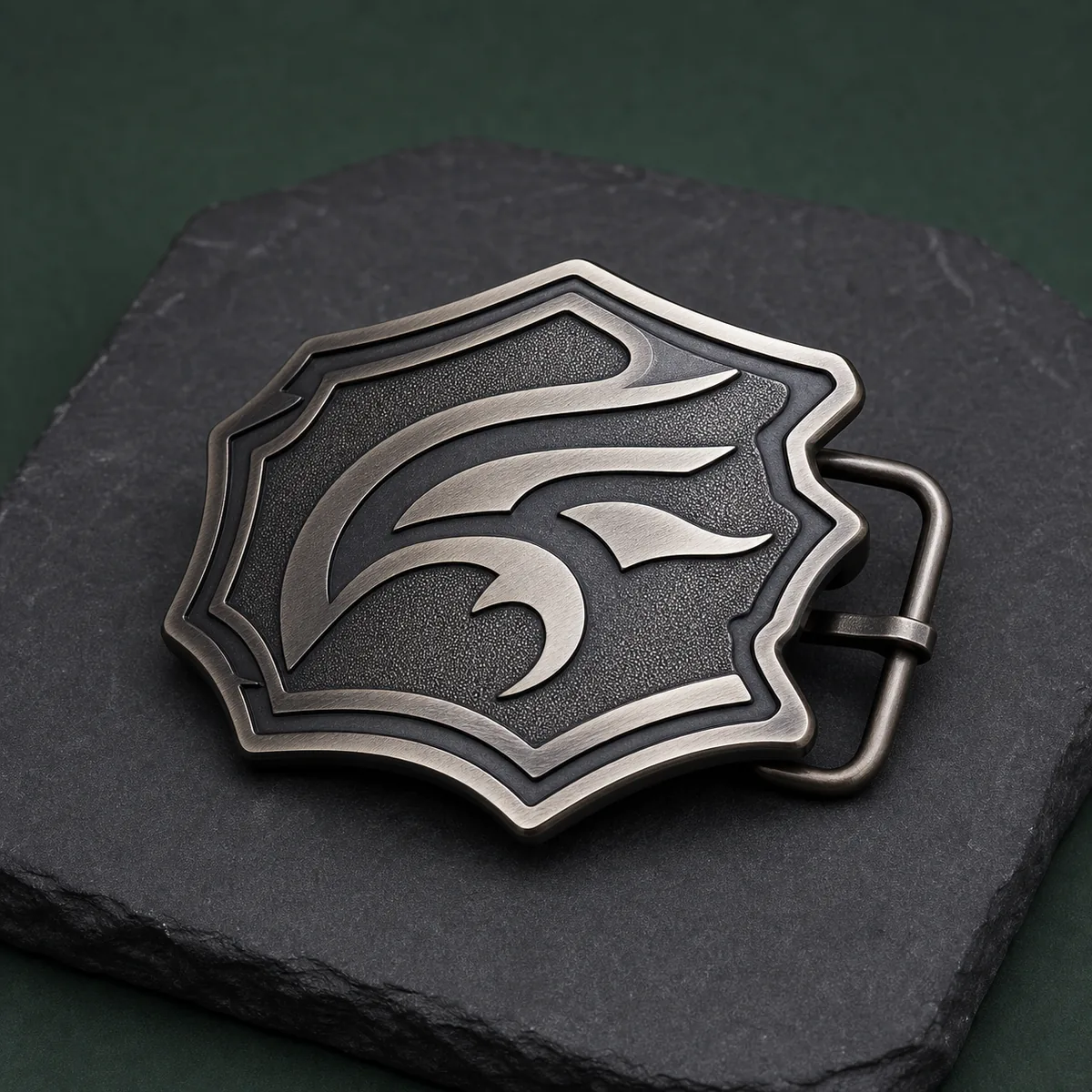Custom shape zinc alloy belt buckle with raised layered border and functional hardware