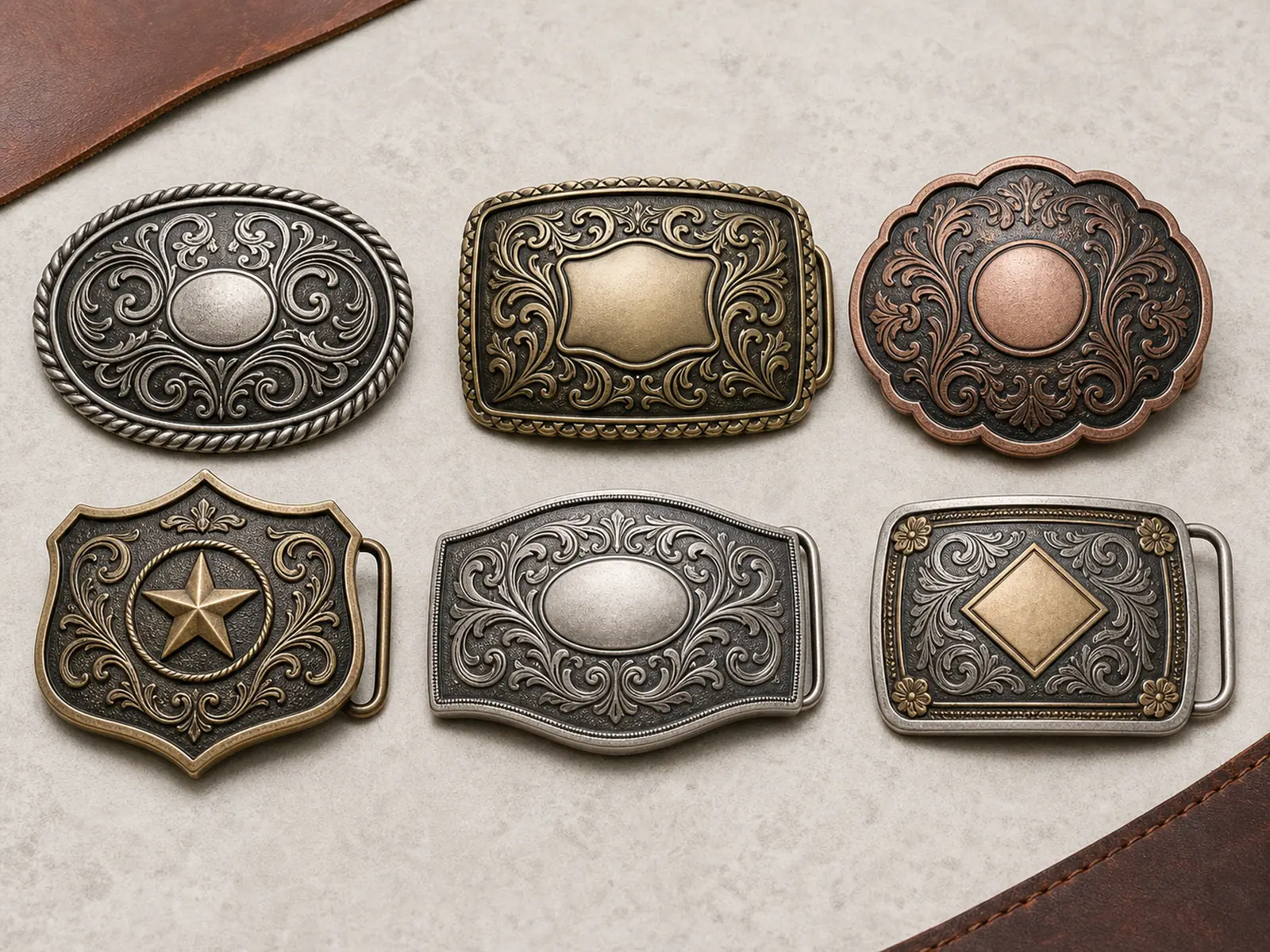 Collection of custom western belt buckles in varied shapes and metal finishes