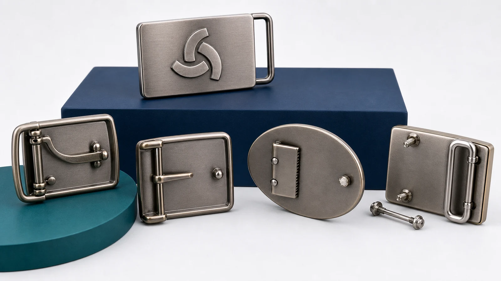 Logo belt buckle attachment options with functional loops and prongs
