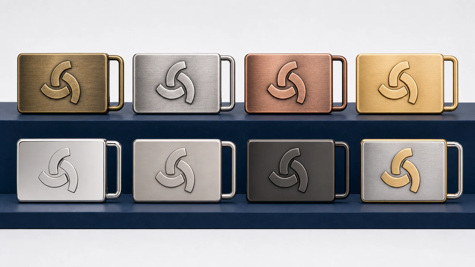 Custom logo belt buckle finish options shown on one design