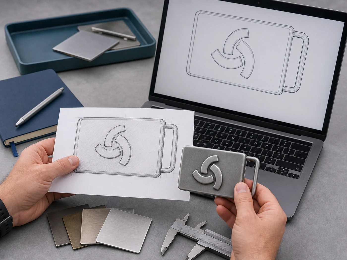 Custom buckle logo artwork reviewed with vector shapes and finish samples