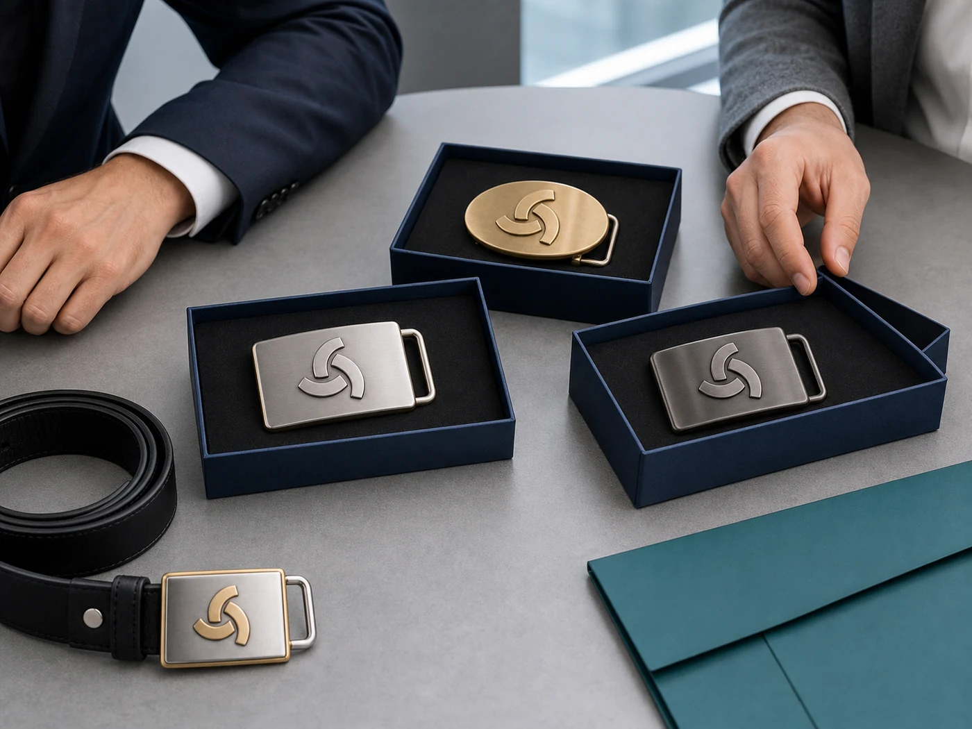 Illustrative logo belt buckles for a corporate recognition program