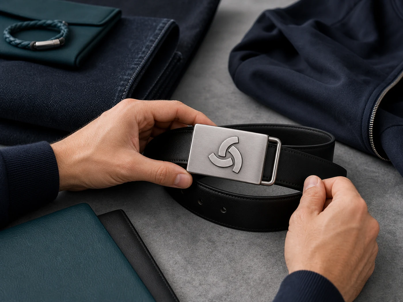 Illustrative custom logo buckle for a fashion and leather goods collection