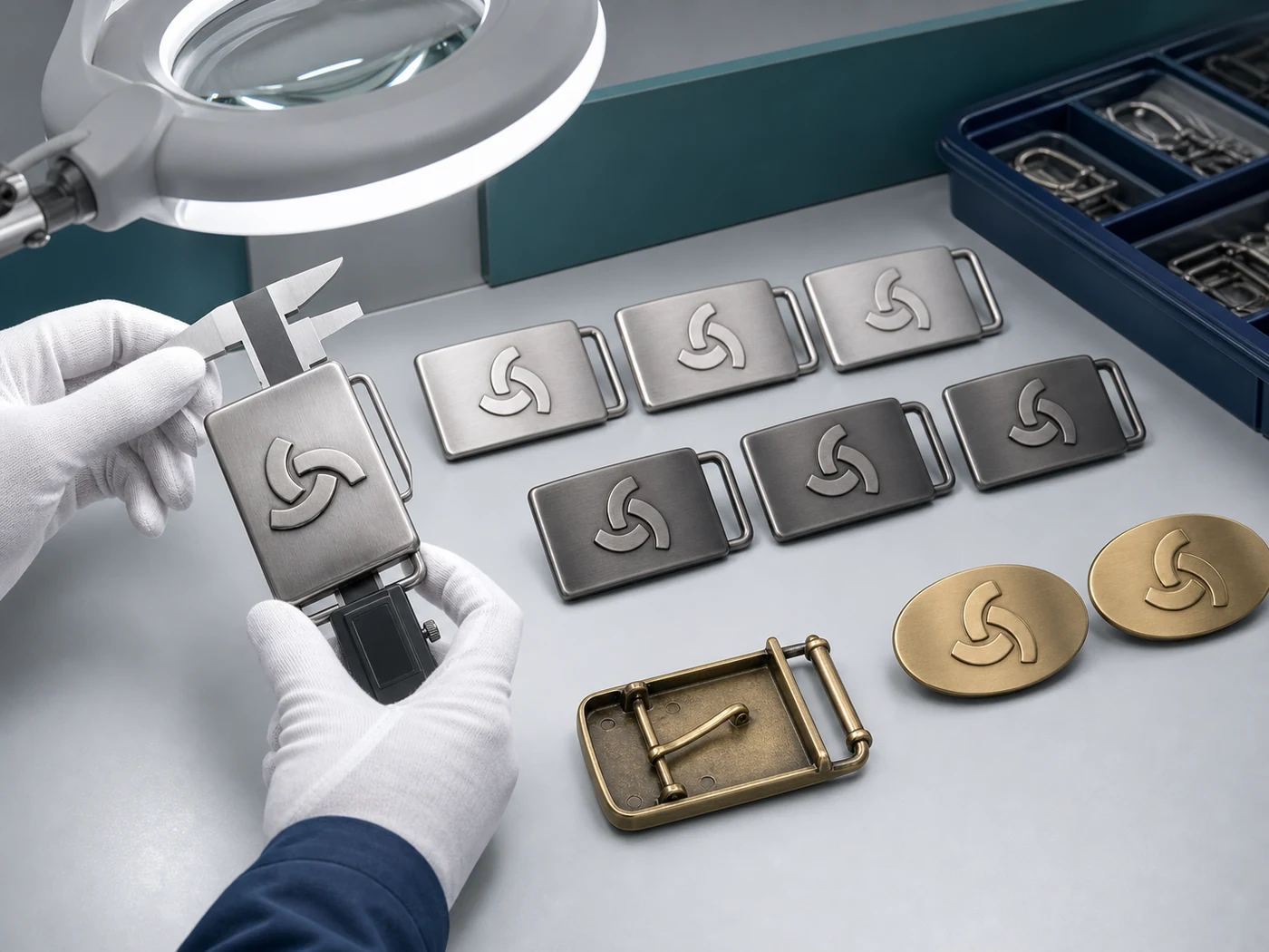 Illustrative inspection of logo position, finish and buckle attachment