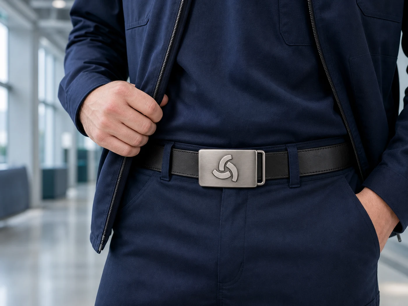 Illustrative custom logo buckle used with a branded uniform belt