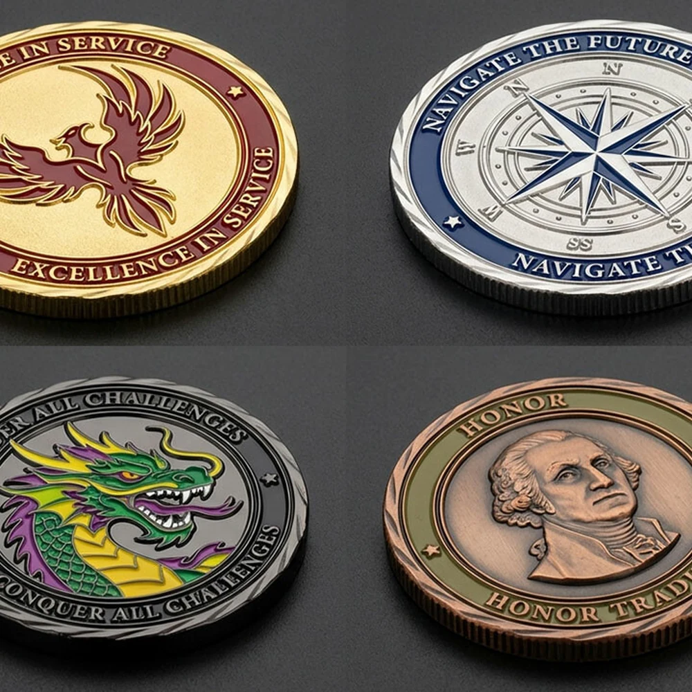 Custom challenge coins shown in multiple metal plating finishes