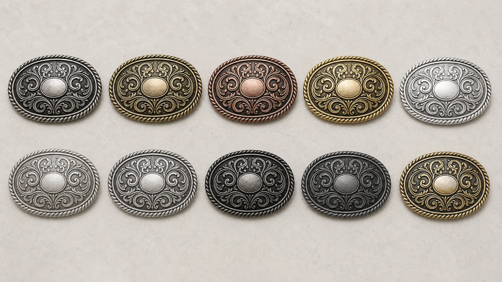 Western belt buckle finish options shown across matching buckle designs