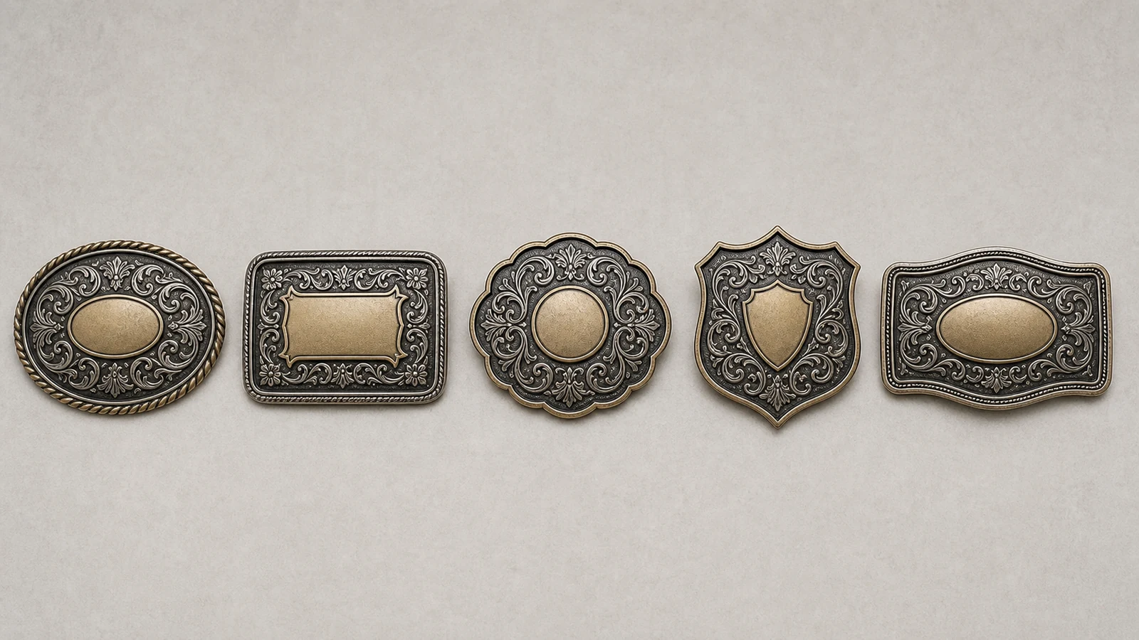 Western belt buckle shape options including oval rectangle scalloped and shield forms