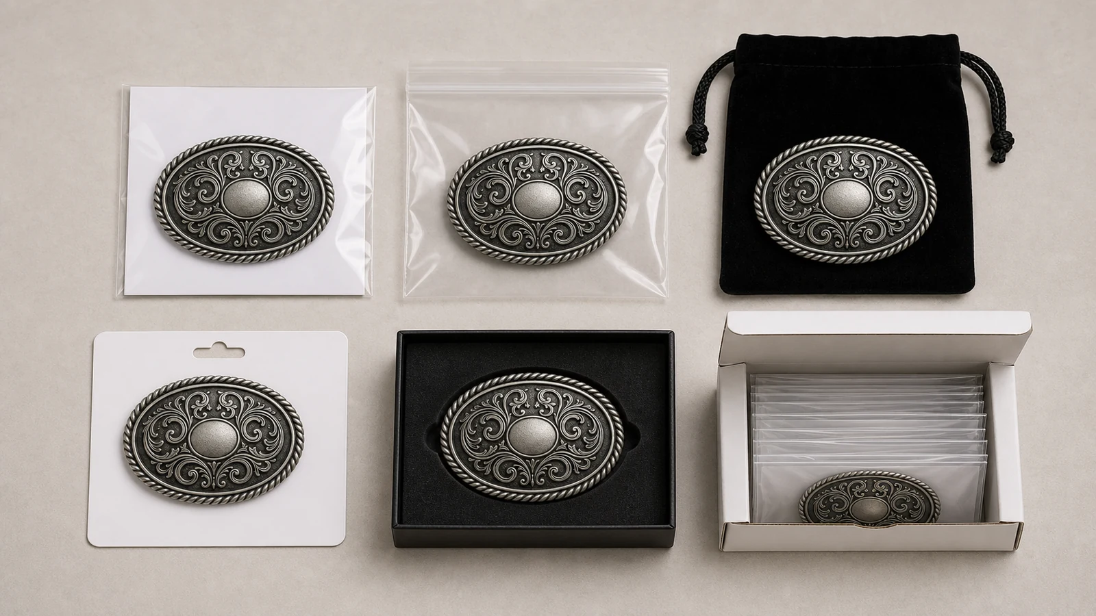 Packaging options for custom western buckles including pouch card and presentation box