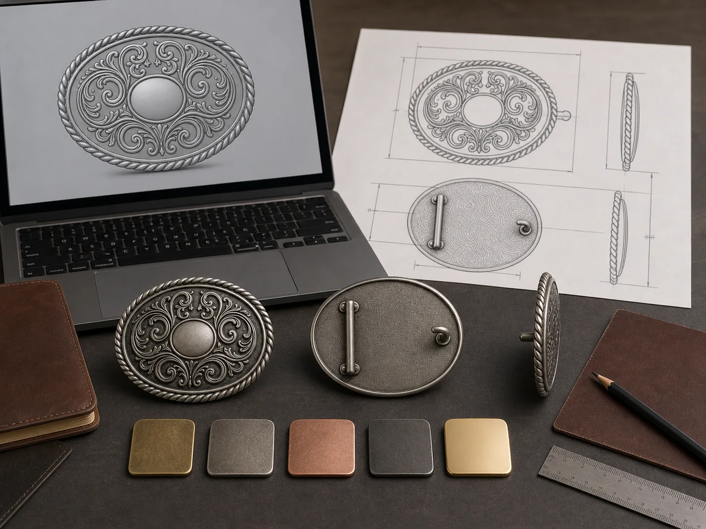 Front back and side western buckle proofs reviewed with metal finish chips