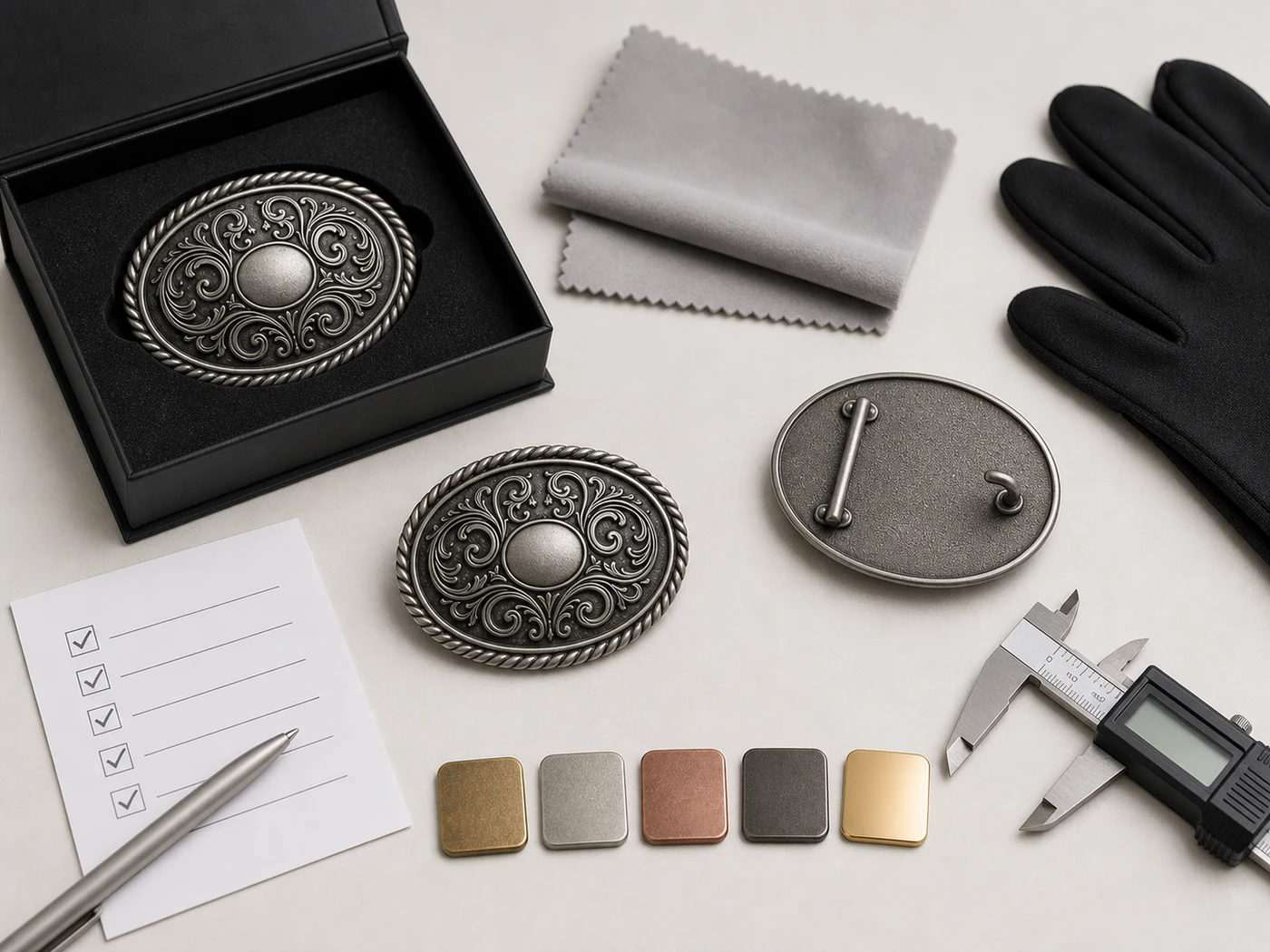 Custom western belt buckles undergoing dimension surface and packaging inspection