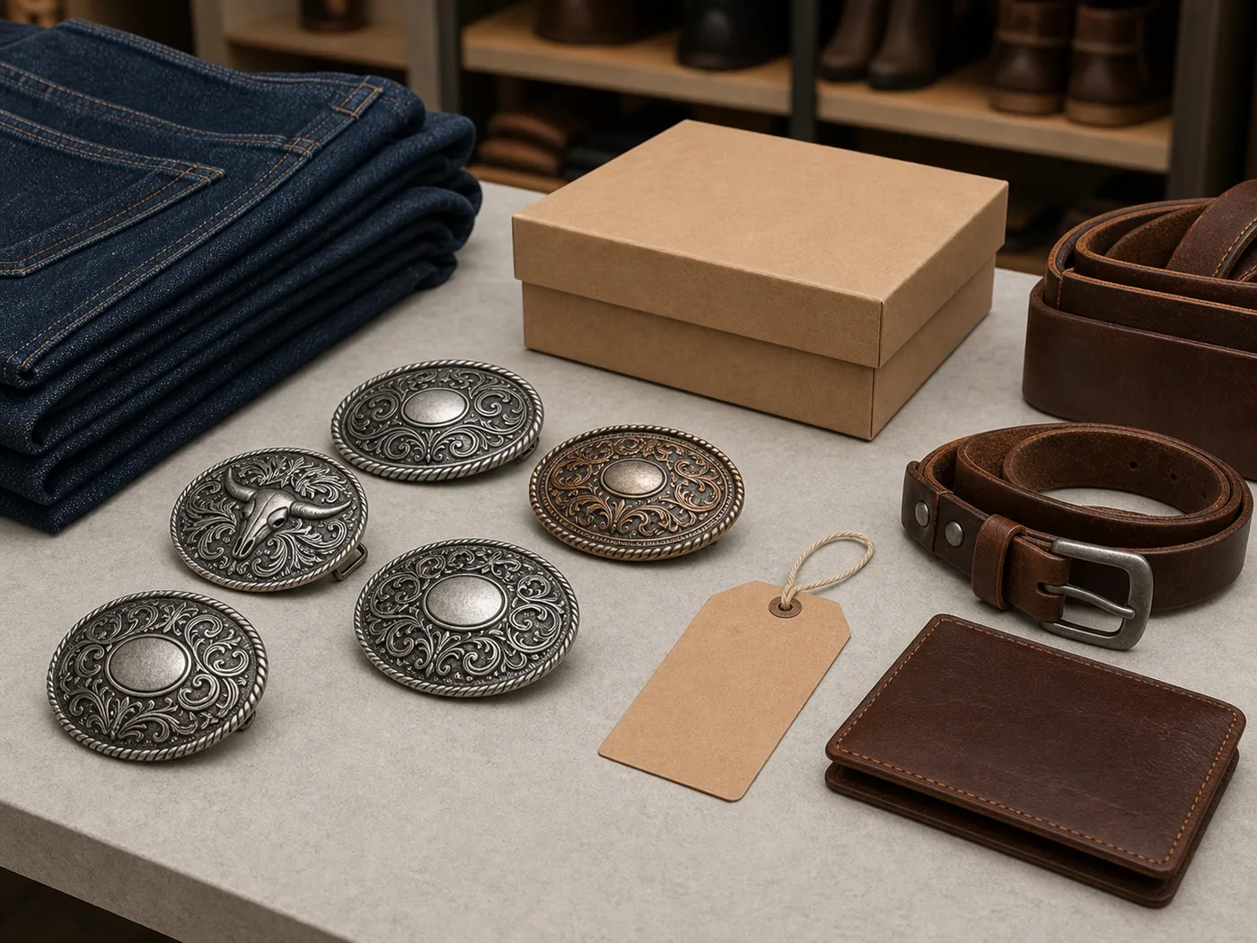 Western buckle displayed with leather goods and denim for retail merchandising