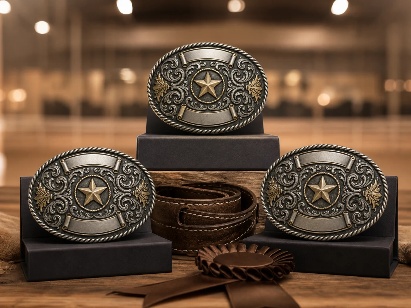Custom western buckle presented as a rodeo award
